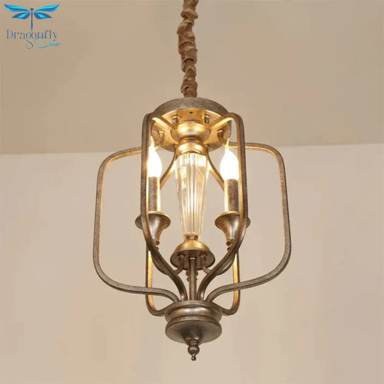 Traditional Caged Hanging Lamp 3 Bulbs Metal Chandelier Light Fixture With Crystal Accent In Aged