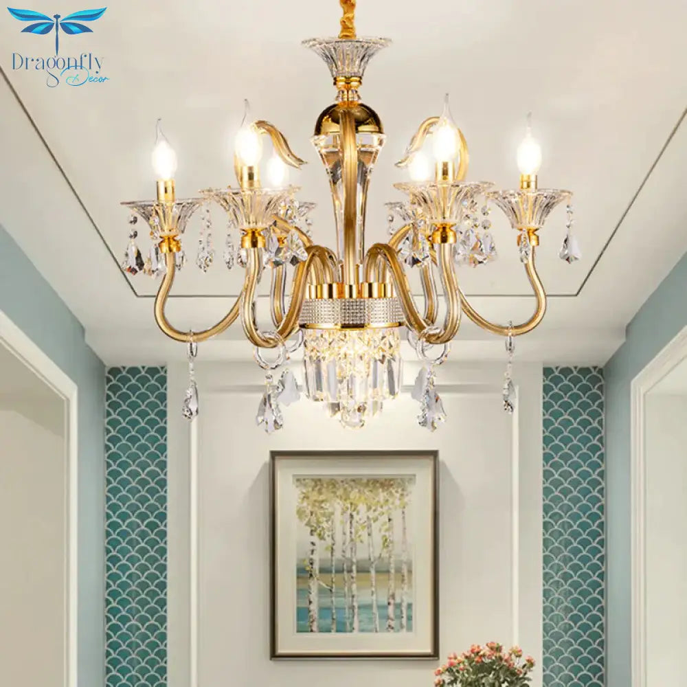 Traditional Candelabra Chandelier 6/8 Heads Metal Drop Pendant In Gold With Clear Crystal Droplet