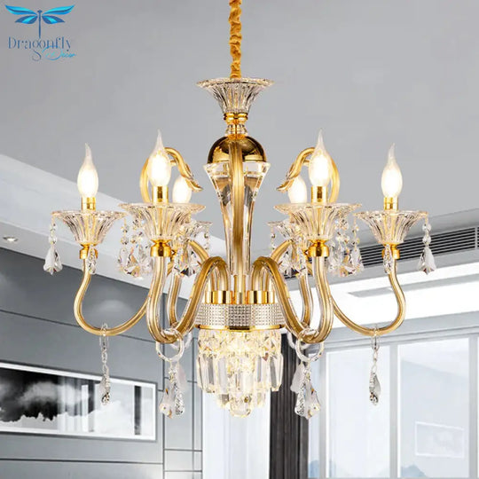Traditional Candelabra Chandelier 6/8 Heads Metal Drop Pendant In Gold With Clear Crystal Droplet