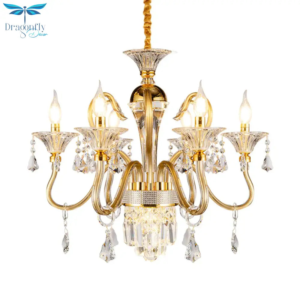 Traditional Candelabra Chandelier 6/8 Heads Metal Drop Pendant In Gold With Clear Crystal Droplet