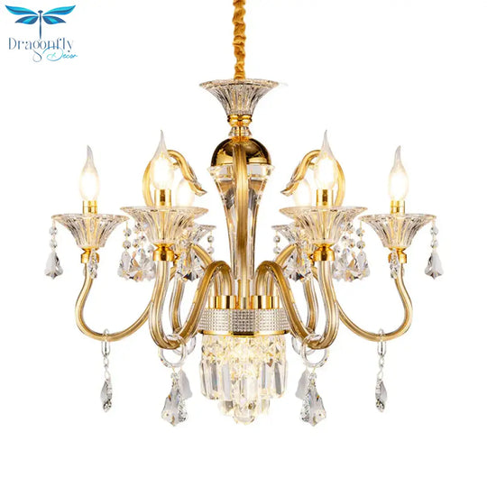 Traditional Candelabra Chandelier 6/8 Heads Metal Drop Pendant In Gold With Clear Crystal Droplet