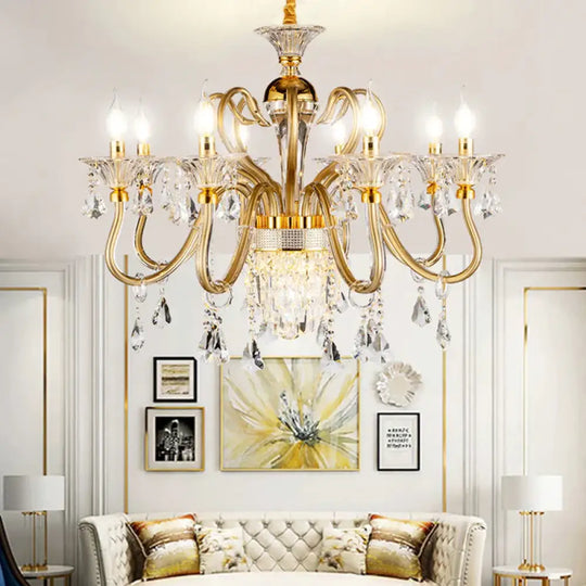 Traditional Candelabra Chandelier 6/8 Heads Metal Drop Pendant In Gold With Clear Crystal Droplet 8