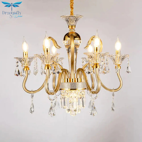 Traditional Candelabra Chandelier 6/8 Heads Metal Drop Pendant In Gold With Clear Crystal Droplet