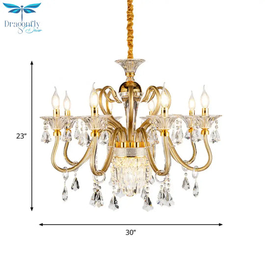 Traditional Candelabra Chandelier 6/8 Heads Metal Drop Pendant In Gold With Clear Crystal Droplet