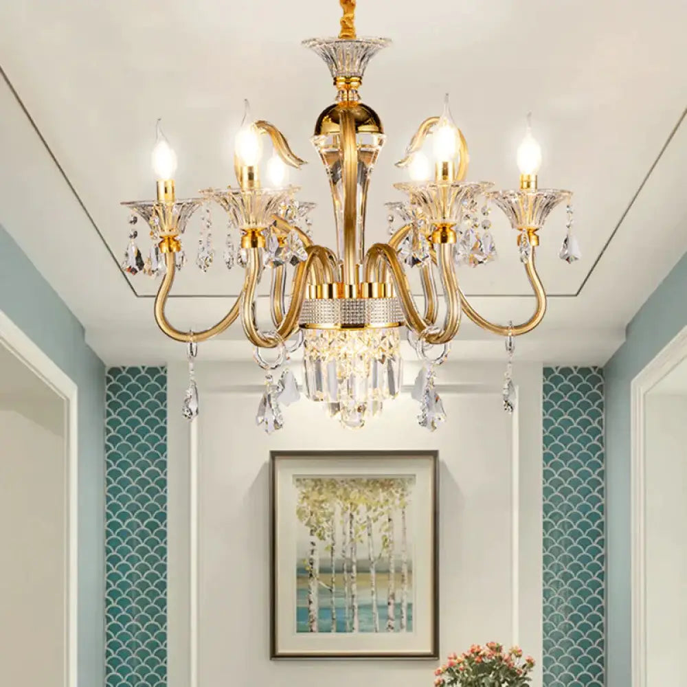 Traditional Candelabra Chandelier 6/8 Heads Metal Drop Pendant In Gold With Clear Crystal Droplet 6