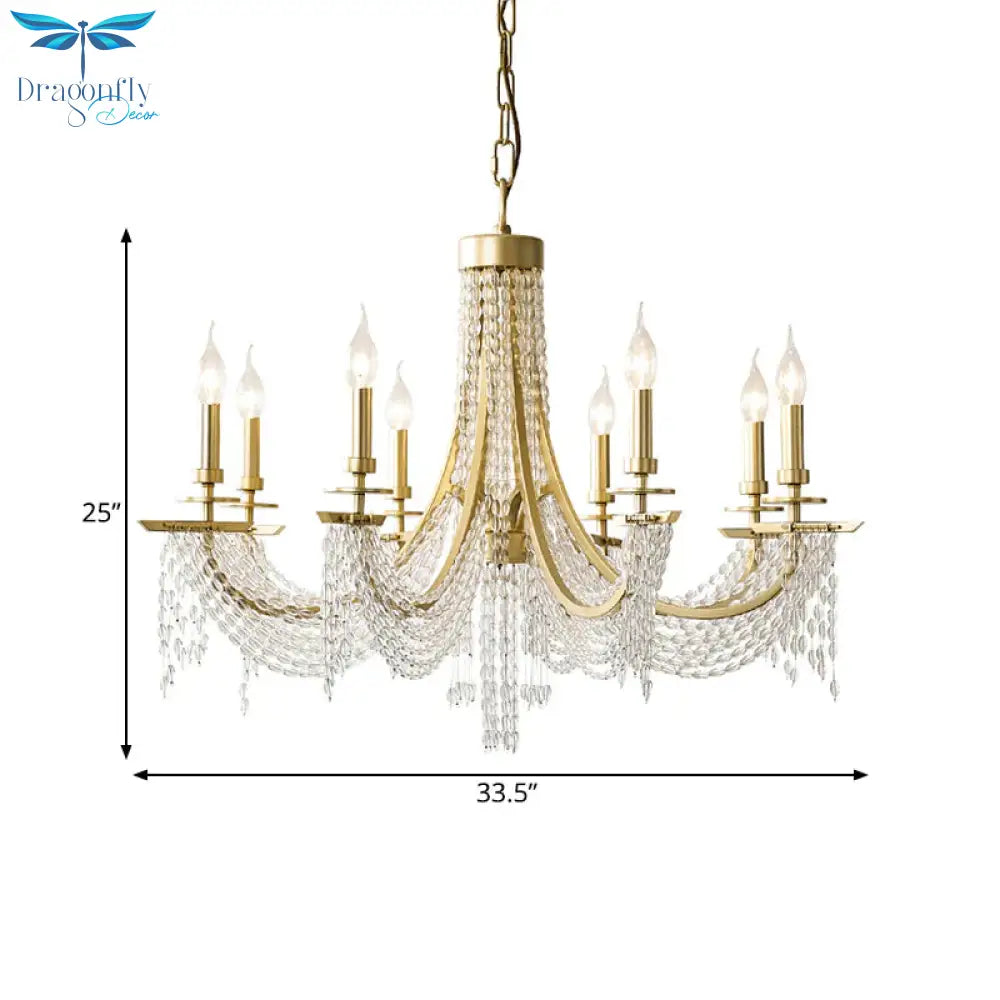 Traditional Candelabra Chandelier Lamp 6/8 Lights Crystal Drop Pendant In Gold For Bedroom
