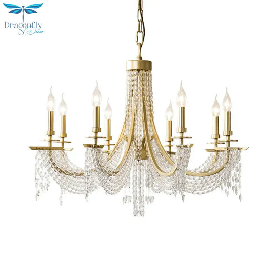 Traditional Candelabra Chandelier Lamp 6/8 Lights Crystal Drop Pendant In Gold For Bedroom