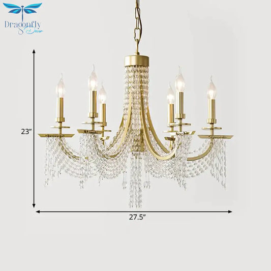 Traditional Candelabra Chandelier Lamp 6/8 Lights Crystal Drop Pendant In Gold For Bedroom