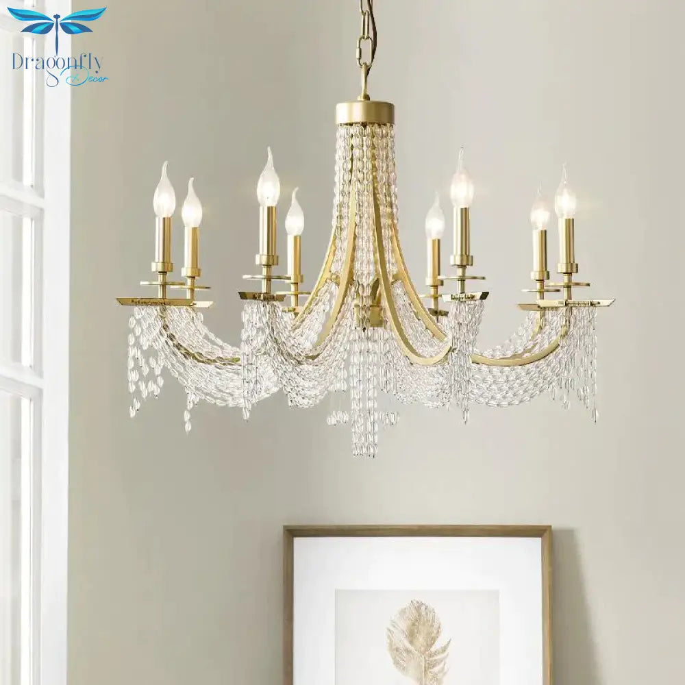 Traditional Candelabra Chandelier Lamp 6/8 Lights Crystal Drop Pendant In Gold For Bedroom