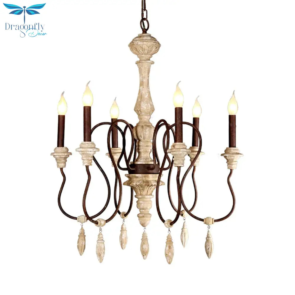Traditional Candelabra Hanging Pendant 6 Lights Wooden Ceiling Chandelier In Ivory For Living Room