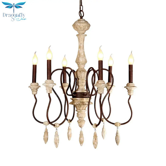 Traditional Candelabra Hanging Pendant 6 Lights Wooden Ceiling Chandelier In Ivory For Living Room