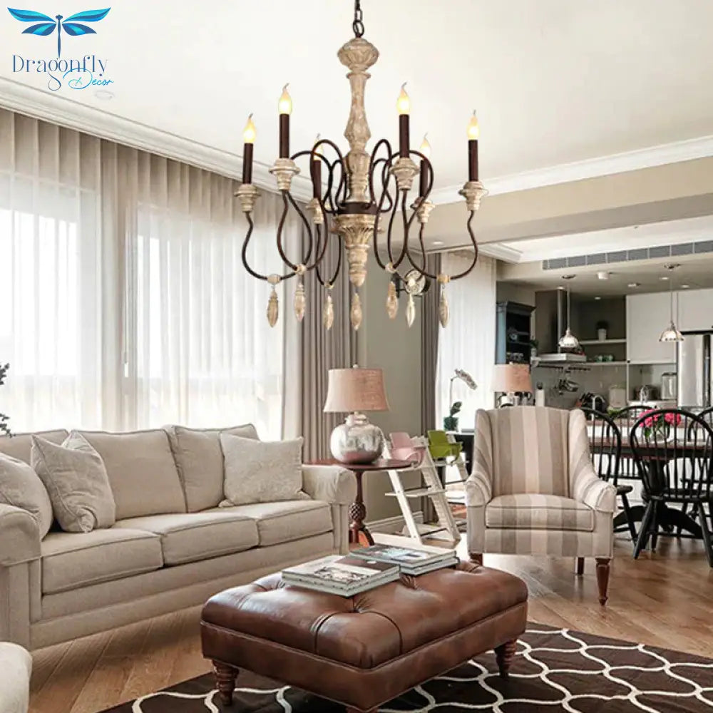 Traditional Candelabra Hanging Pendant 6 Lights Wooden Ceiling Chandelier In Ivory For Living Room
