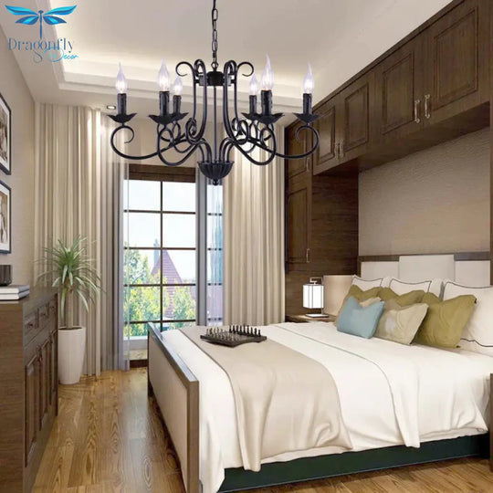 Traditional Candle Ceiling Chandelier 6 Heads Metal Hanging Light Kit In Black For Living Room