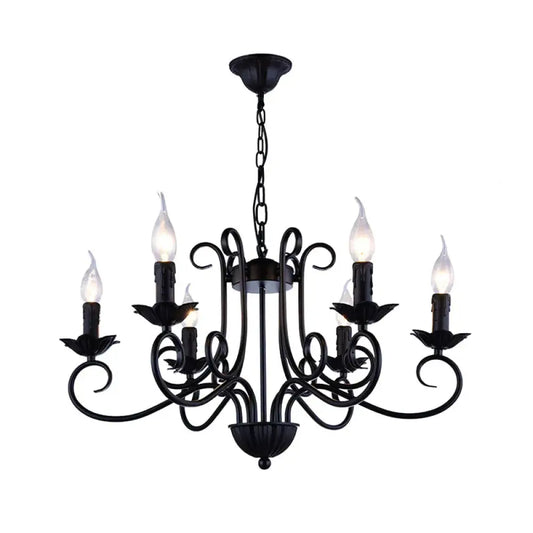 Traditional Candle Ceiling Chandelier 6 Heads Metal Hanging Light Kit In Black For Living Room