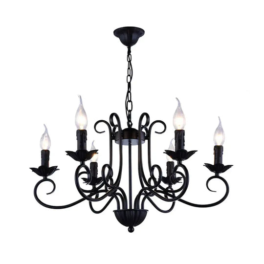 Traditional Candle Ceiling Chandelier 6 Heads Metal Hanging Light Kit In Black For Living Room