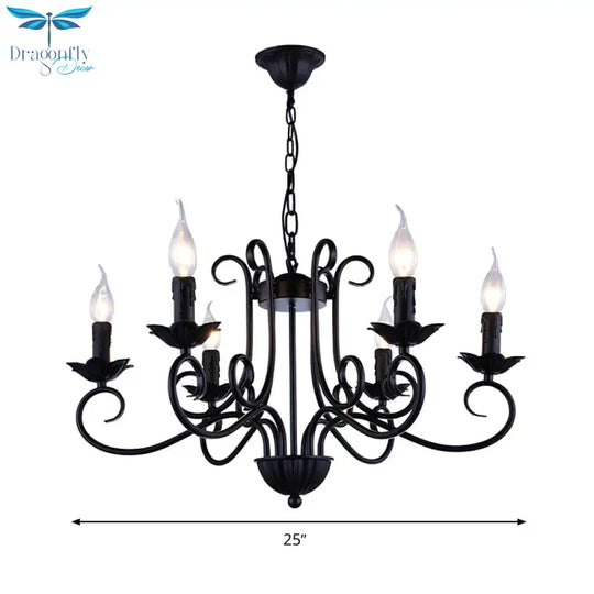 Traditional Candle Ceiling Chandelier 6 Heads Metal Hanging Light Kit In Black For Living Room