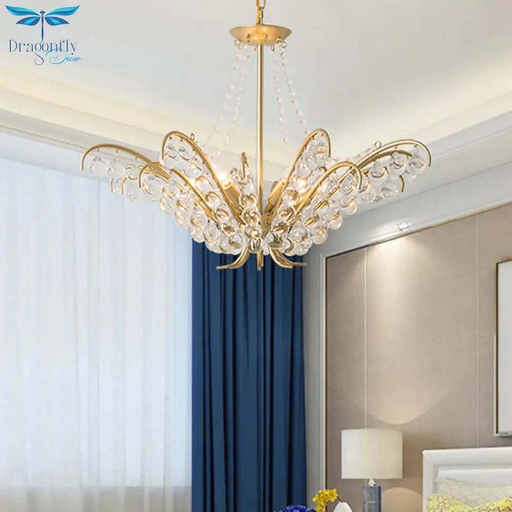Traditional Candle Ceiling Chandelier 6 Lights Crystal Embedded Suspension Lamp In Gold For Living