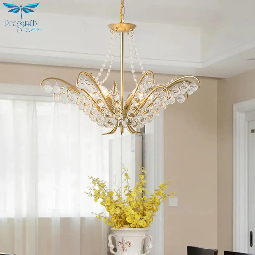 Traditional Candle Ceiling Chandelier 6 Lights Crystal Embedded Suspension Lamp In Gold For Living