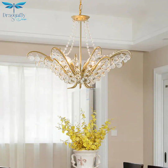Traditional Candle Ceiling Chandelier 6 Lights Crystal Embedded Suspension Lamp In Gold For Living