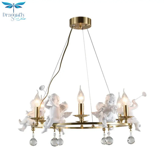 Traditional Candle Hanging Chandelier Metal 3/6/8 Bulbs Suspension Light In Brass With Angel