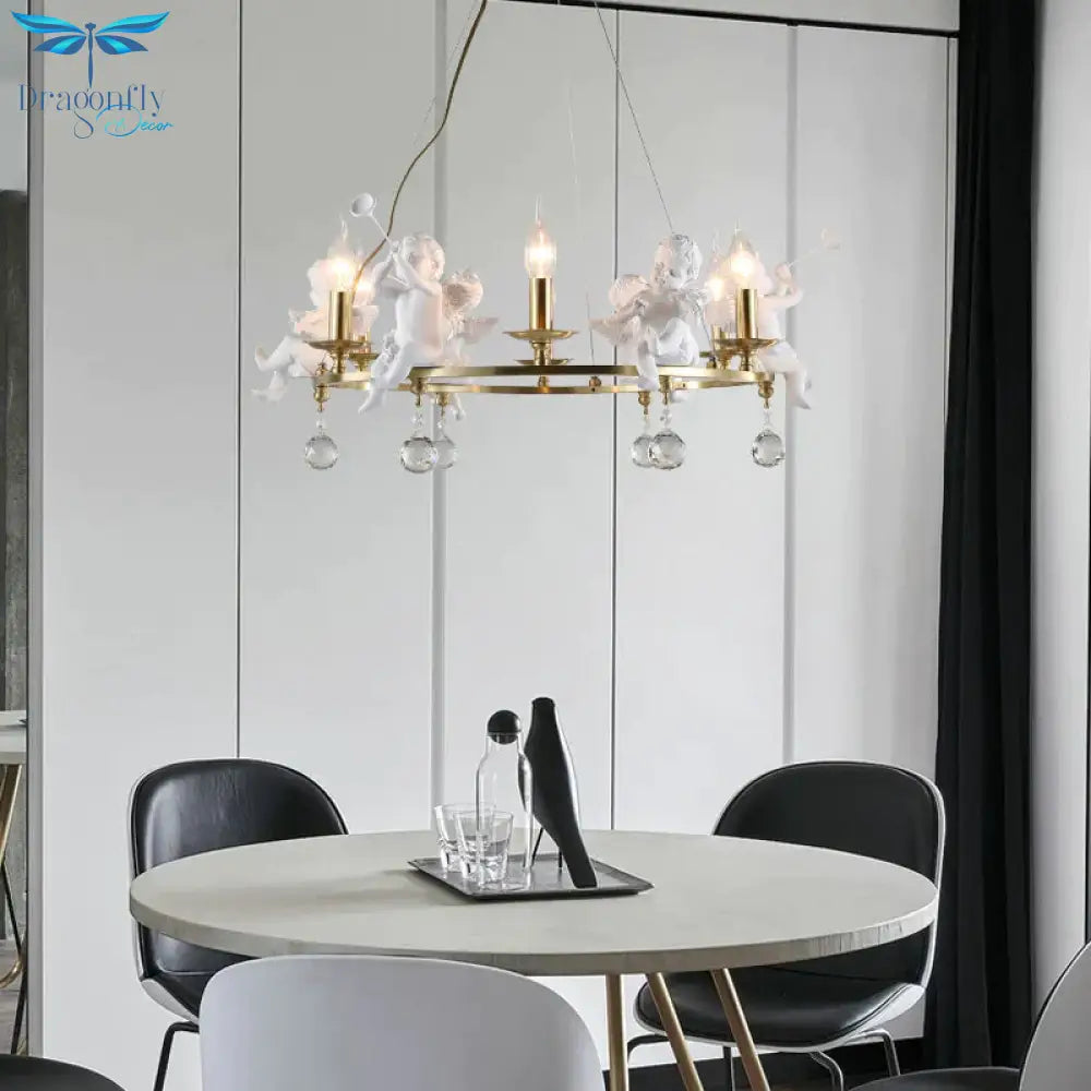Traditional Candle Hanging Chandelier Metal 3/6/8 Bulbs Suspension Light In Brass With Angel