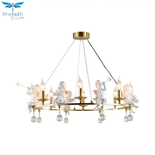 Traditional Candle Hanging Chandelier Metal 3/6/8 Bulbs Suspension Light In Brass With Angel