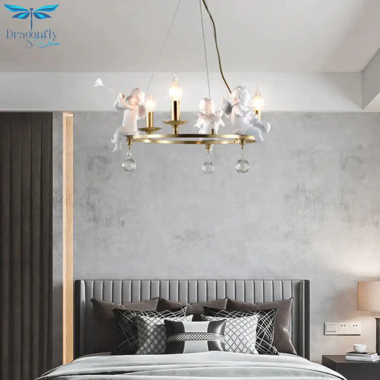Traditional Candle Hanging Chandelier Metal 3/6/8 Bulbs Suspension Light In Brass With Angel