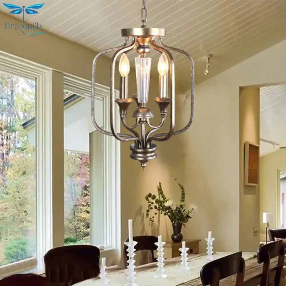 Traditional Candle Hanging Chandelier Metal 3 Bulbs Suspension Light In Aged Silver For Dining Room