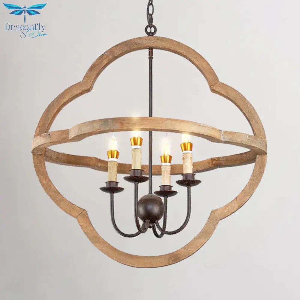 Traditional Candle Hanging Chandelier Wood 4 Bulbs Suspension Light In Beige For Restaurant