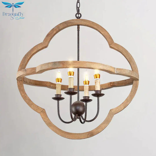Traditional Candle Hanging Chandelier Wood 4 Bulbs Suspension Light In Beige For Restaurant