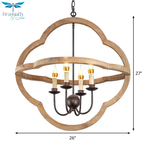 Traditional Candle Hanging Chandelier Wood 4 Bulbs Suspension Light In Beige For Restaurant