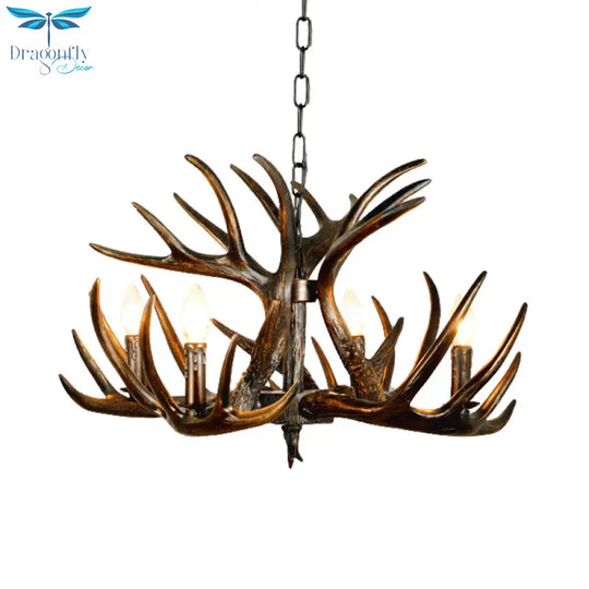 Traditional Candle Hanging Lamp 4/6/9 Bulbs Resin Chandelier Light Fixture With Deer Antler In Brown