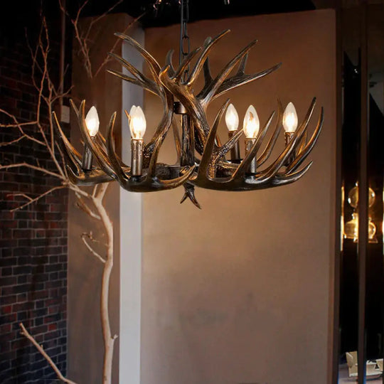 Traditional Candle Hanging Lamp 4/6/9 Bulbs Resin Chandelier Light Fixture With Deer Antler In