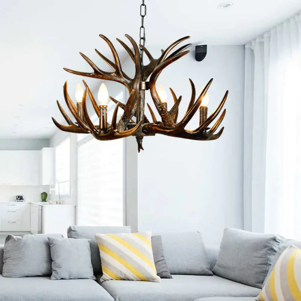 Traditional Candle Hanging Lamp 4/6/9 Bulbs Resin Chandelier Light Fixture With Deer Antler In