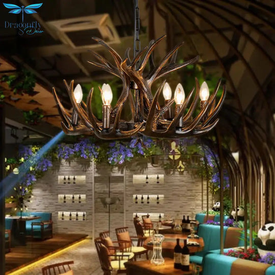 Traditional Candle Hanging Lamp 4/6/9 Bulbs Resin Chandelier Light Fixture With Deer Antler In Brown
