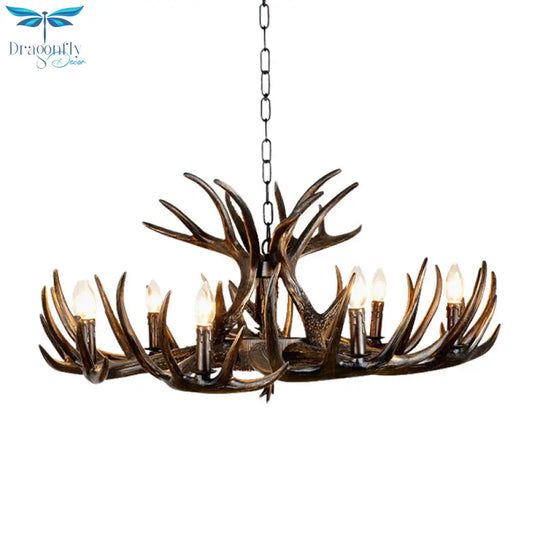 Traditional Candle Hanging Lamp 4/6/9 Bulbs Resin Chandelier Light Fixture With Deer Antler In Brown