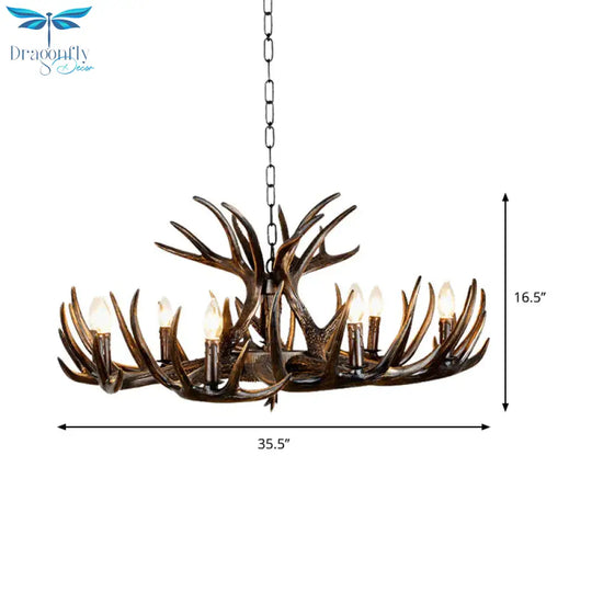 Traditional Candle Hanging Lamp 4/6/9 Bulbs Resin Chandelier Light Fixture With Deer Antler In Brown