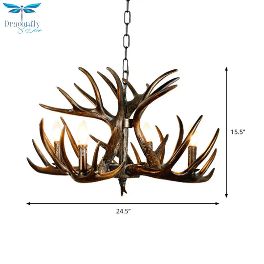 Traditional Candle Hanging Lamp 4/6/9 Bulbs Resin Chandelier Light Fixture With Deer Antler In Brown