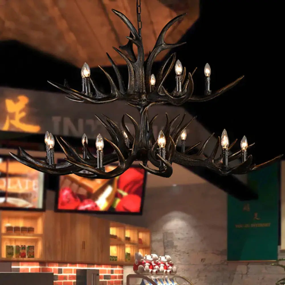 Traditional Candle Hanging Lamp 6/10/15 Bulbs Resin Chandelier Light Fixture In Black For Store 15 /