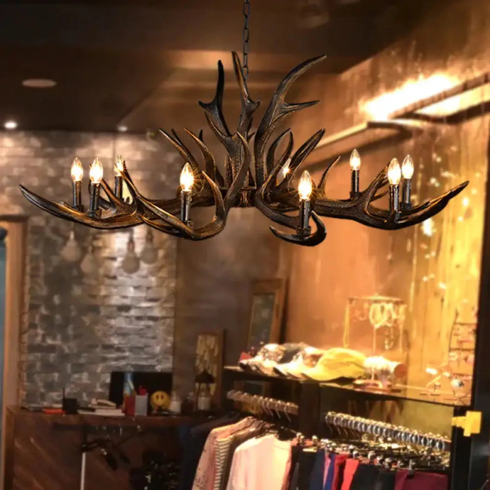 Traditional Candle Hanging Lamp 6/10/15 Bulbs Resin Chandelier Light Fixture In Black For Store 10 /