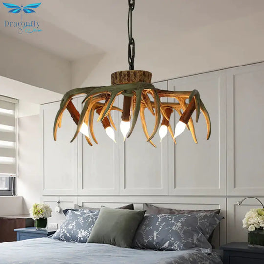 Traditional Candle Hanging Lamp 6 Bulbs Resin Chandelier Light Fixture In Brown For Restaurant