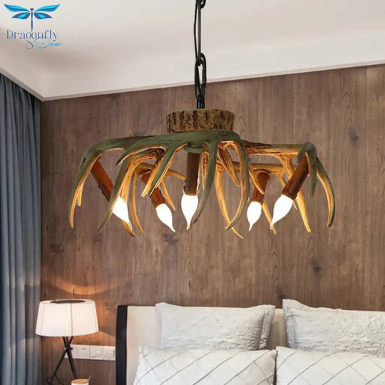 Traditional Candle Hanging Lamp 6 Bulbs Resin Chandelier Light Fixture In Brown For Restaurant