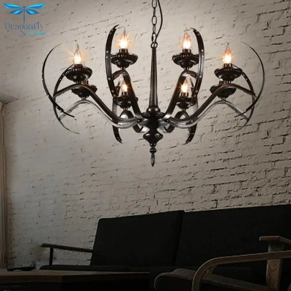 Traditional Candle Hanging Lamp 8 Bulbs Iron Chandelier Light Fixture With Curvy Arm In Black