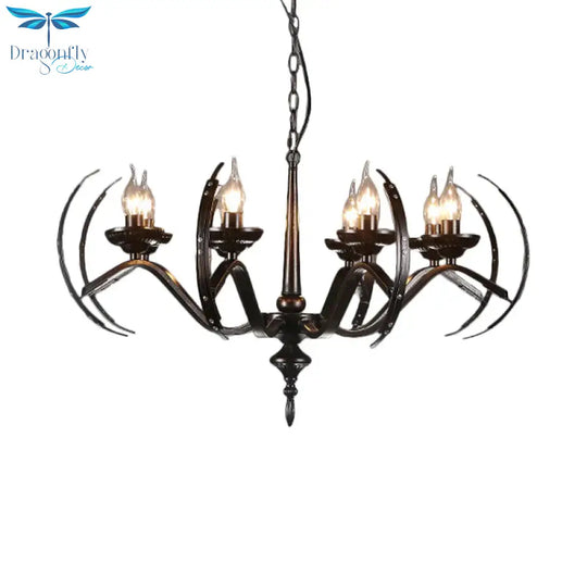 Traditional Candle Hanging Lamp 8 Bulbs Iron Chandelier Light Fixture With Curvy Arm In Black