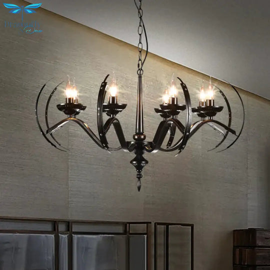 Traditional Candle Hanging Lamp 8 Bulbs Iron Chandelier Light Fixture With Curvy Arm In Black