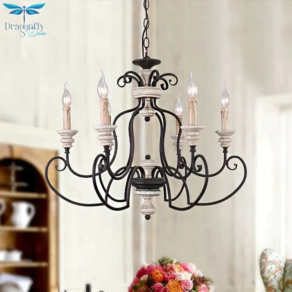 Traditional Candle - Style Hanging Lamp 6 Bulbs Metal Chandelier Light Fixture In Black