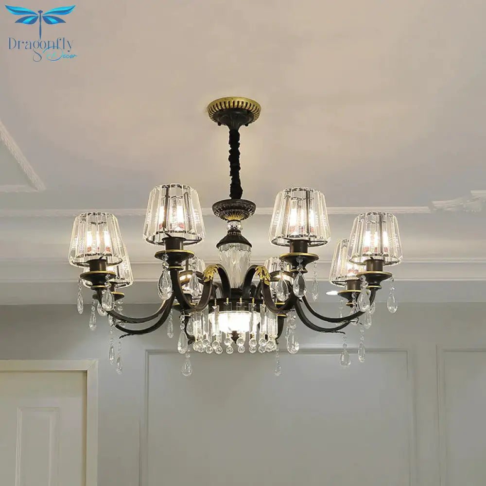 Traditional Cone Down Lighting 6/8 Heads Clear Crystal Glass Chandelier Light Fixture In Black With