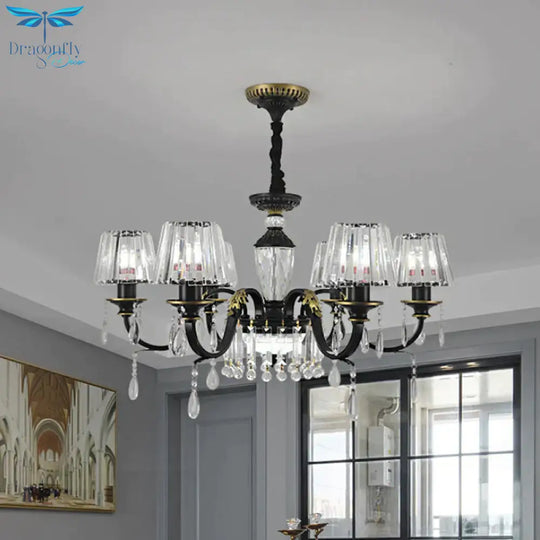 Traditional Cone Down Lighting 6/8 Heads Clear Crystal Glass Chandelier Light Fixture In Black With