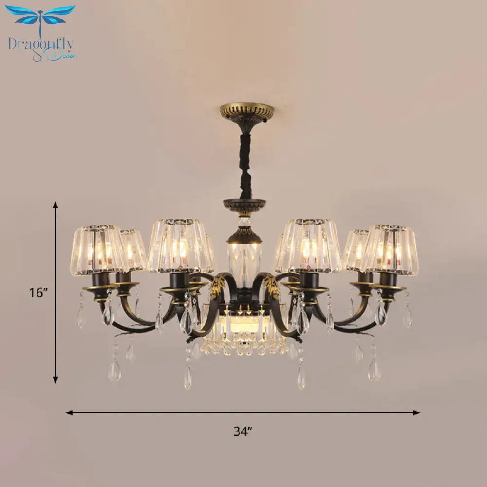 Traditional Cone Down Lighting 6/8 Heads Clear Crystal Glass Chandelier Light Fixture In Black With