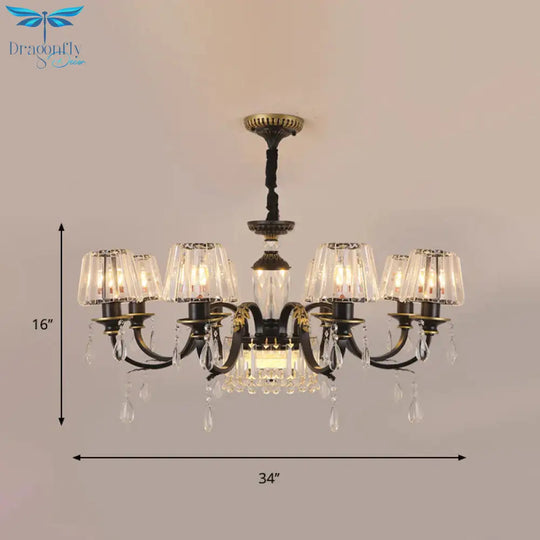Traditional Cone Down Lighting 6/8 Heads Clear Crystal Glass Chandelier Light Fixture In Black With